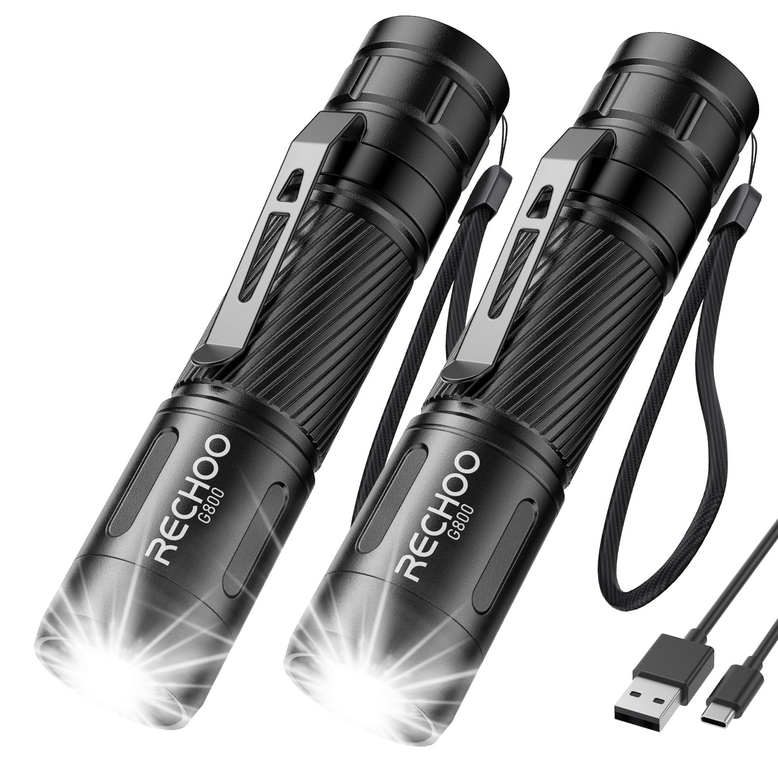 RECHOO Flashlight Rechargeable 2 Pack, 500 Lumens, 3 Lighting